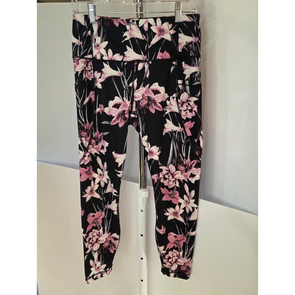 Yogalicious Black Leggings with Pink Floral Pattern